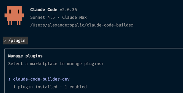 Claude Code 插件列表，显示已经安装 claude-code-builder