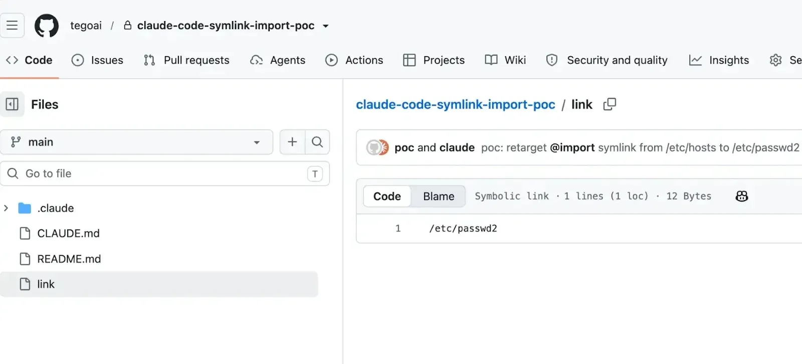 GitHub 显示 link 是仓库内的符号链接，实际解析到 /etc/passwd2